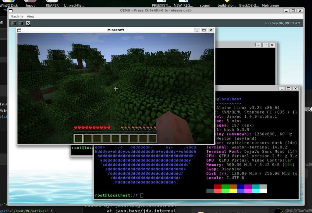 Minecraft running on Uinxed Kernel